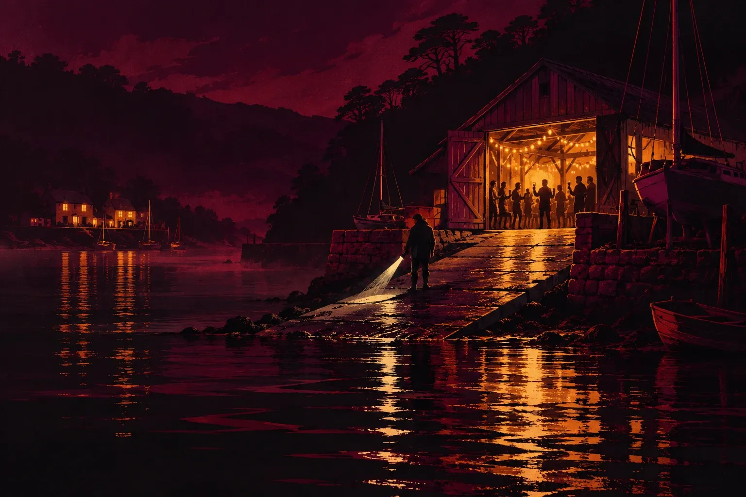 Slack Water: a torch beam on a harbour slipway at night, a party in the lit boathouse behind.